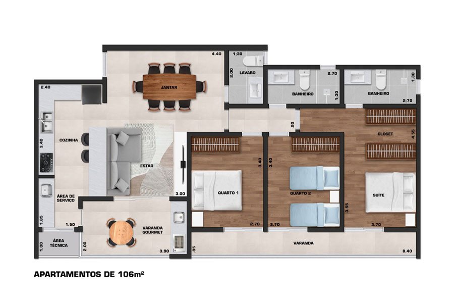Planta do apartamento de 106 m² do Viena Residencial em Ubatuba