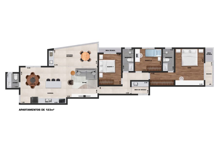 Planta do apartamento de 123 m² do Viena Residencial em Ubatuba
