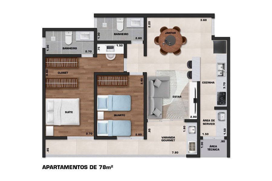 Planta do apartamento de 78 m² do Viena Residencial em Ubatuba