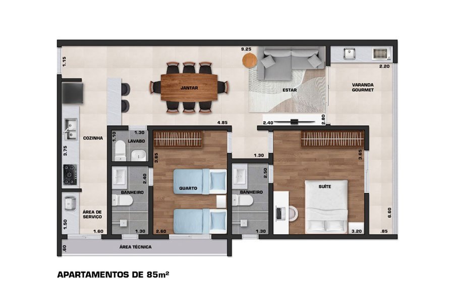 Planta do apartamento de 85 m² do Viena Residencial em Ubatuba